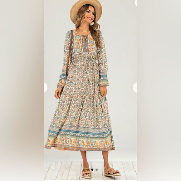 Hey Samy Smock Midi Dress In Blue & Mint Mixed Floral Printed Size M - Picture 2 of 12